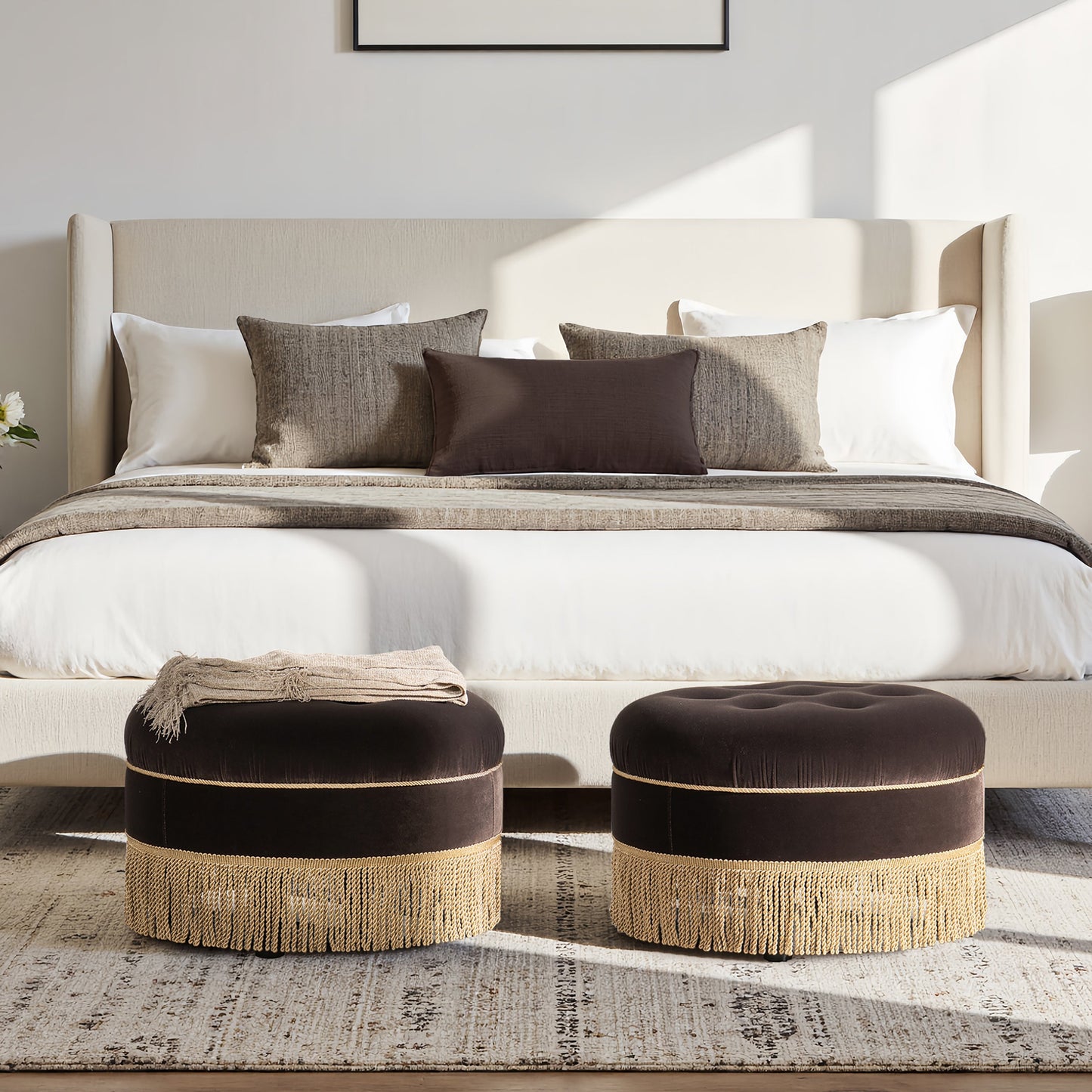 Yolanda 24in Round Upholstered Ottoman in deep brown velvet pair at bed foot with fringed bases on Tampa Home & Garden Store