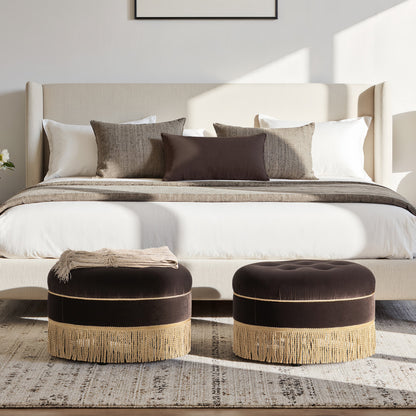 Yolanda 24in Round Upholstered Ottoman in deep brown velvet pair at bed foot with fringed bases on Tampa Home & Garden Store