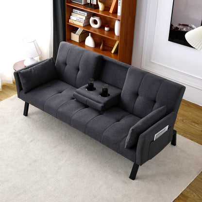 Futon sofa bed in dark gray fabric with foldable design and two cup holders on Tampa Home & Garden Store