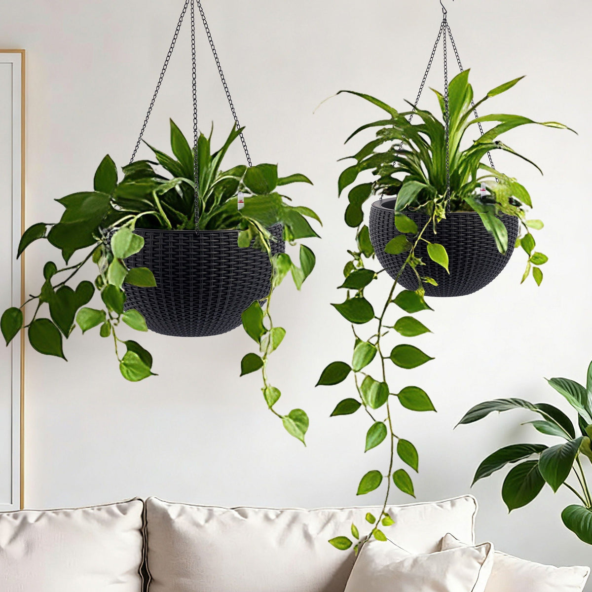Self Watering Hanging Planter black woven basket with metal chain hangers 2-pack HouseOfZazla on Tampa Home & Garden Store