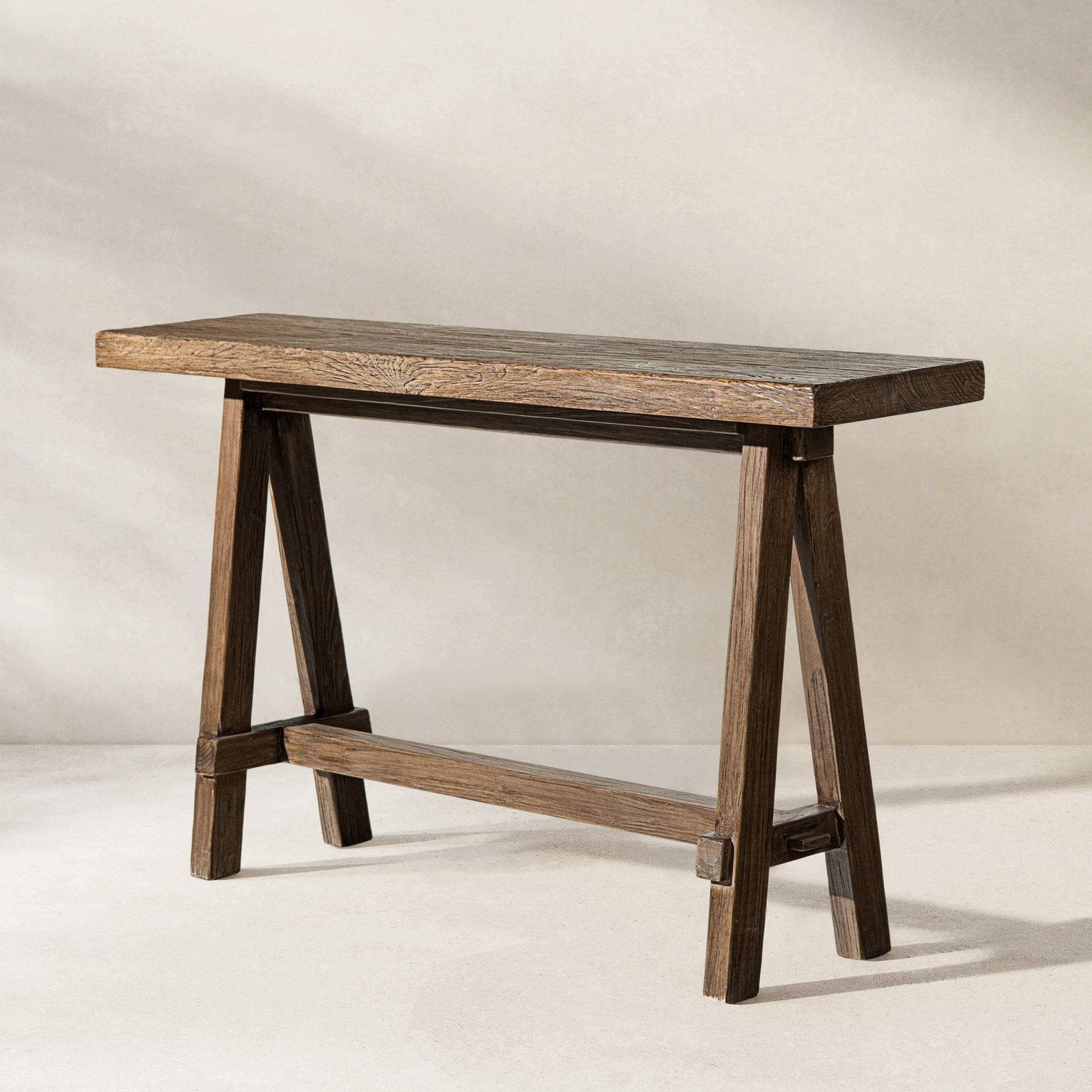 Hawthorne 60in solid reclaimed elm trestle console table dark brown finish on Tampa Home & Garden Store