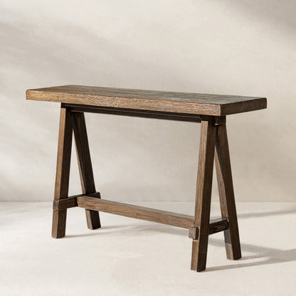 Hawthorne 60in solid reclaimed elm trestle console table dark brown finish on Tampa Home & Garden Store