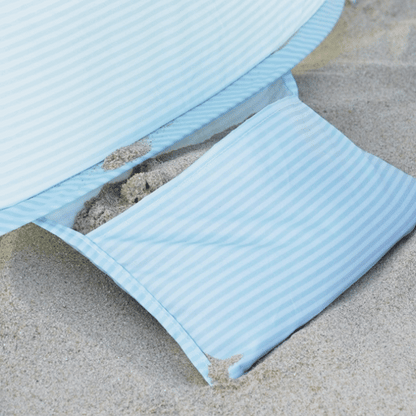 Tiny Land pop-up beach tent with blue and white stripes and a matching sand cushion on Tampa Home & Garden Store