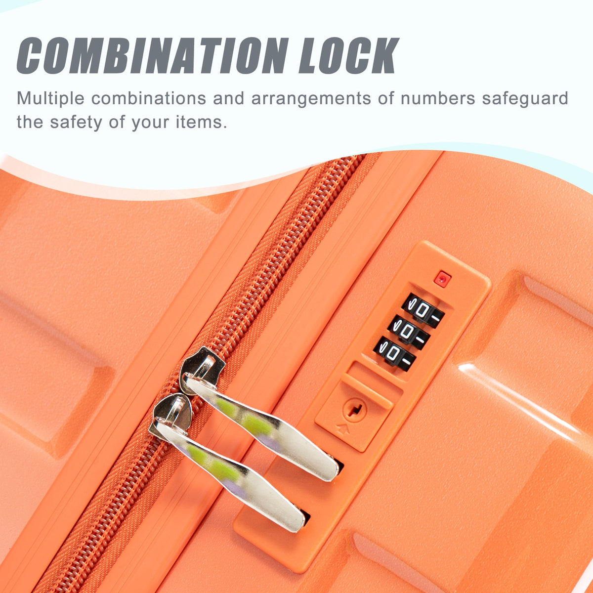 3-Piece spinner luggage set gradient orange color with zipper detail and combo lock on Tampa Home & Garden Store