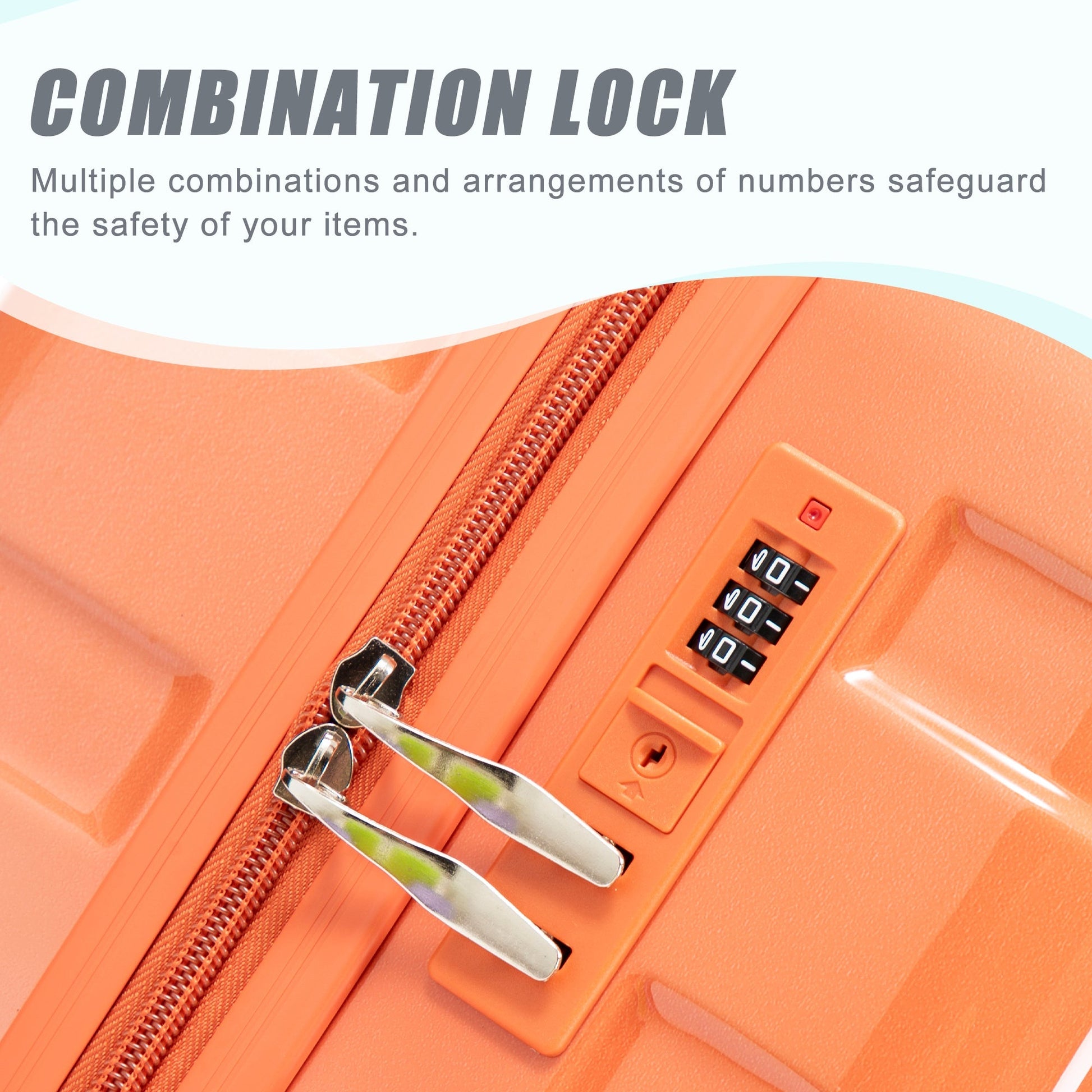 3-Piece spinner luggage set gradient orange color with zipper detail and combo lock on Tampa Home & Garden Store