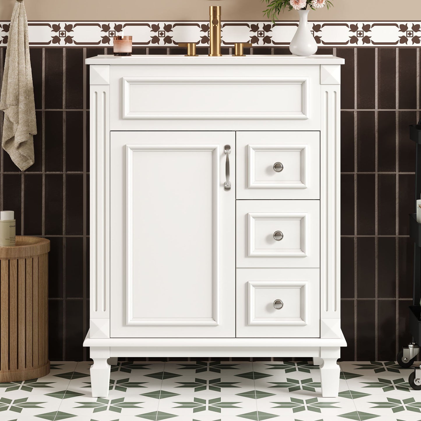 White bathroom vanity with sink, compact cabinet and 2 drawers, brass hardware on Tampa Home & Garden Store