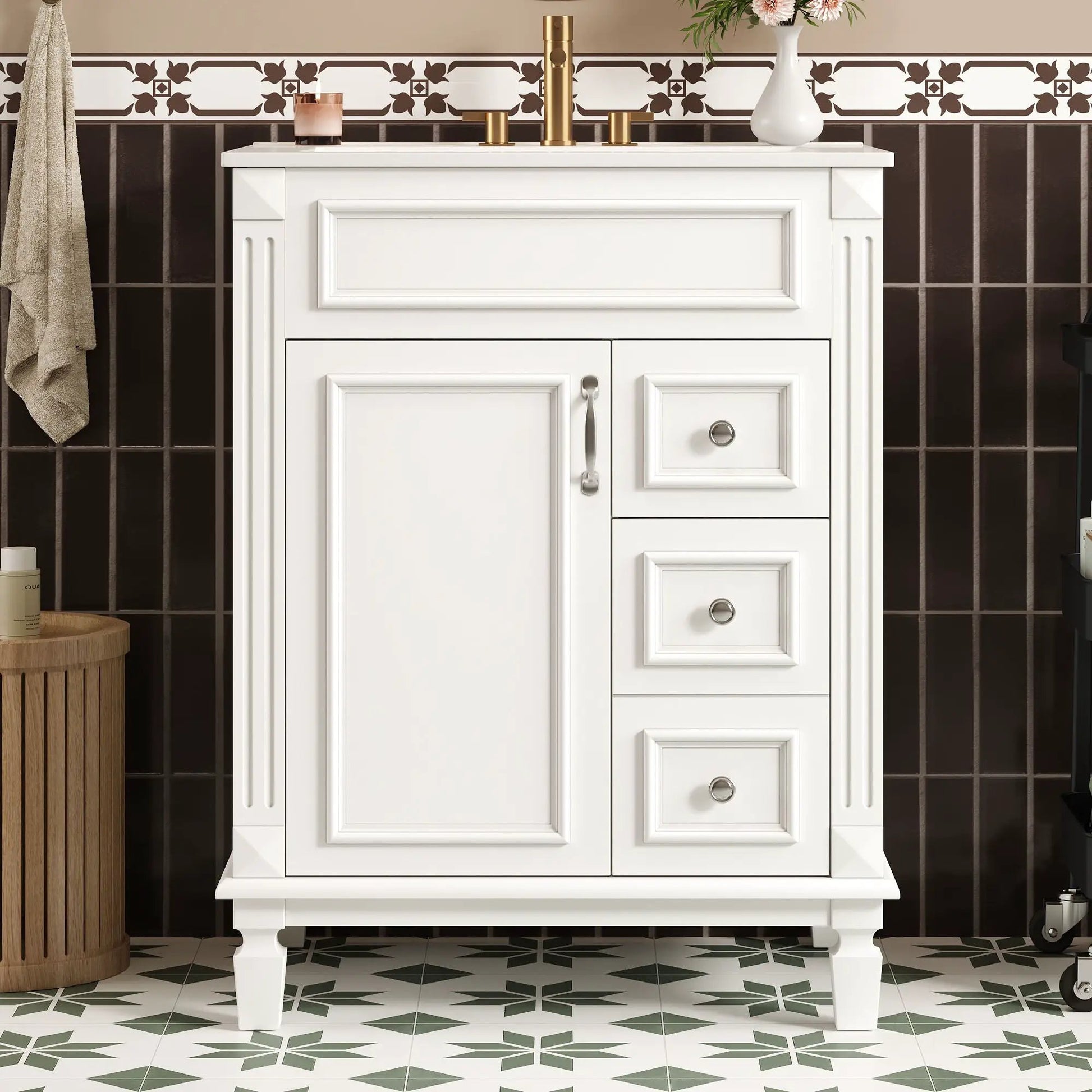 White bathroom vanity with sink, compact cabinet and 2 drawers, brass hardware on Tampa Home & Garden Store