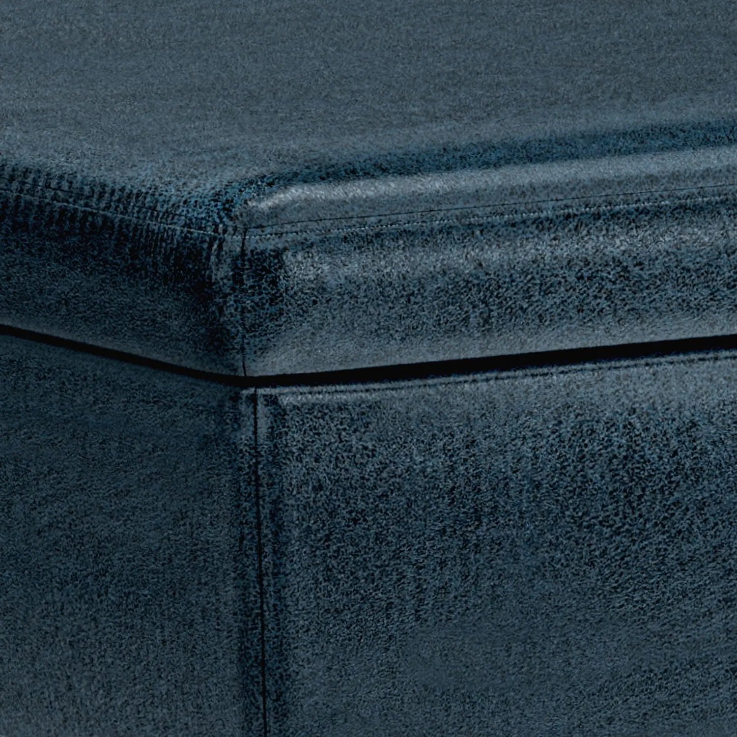 Owen Upholstered Rectangular Storage Ottoman dark blue velvet fabric, stitched corner detail on Tampa Home & Garden Store