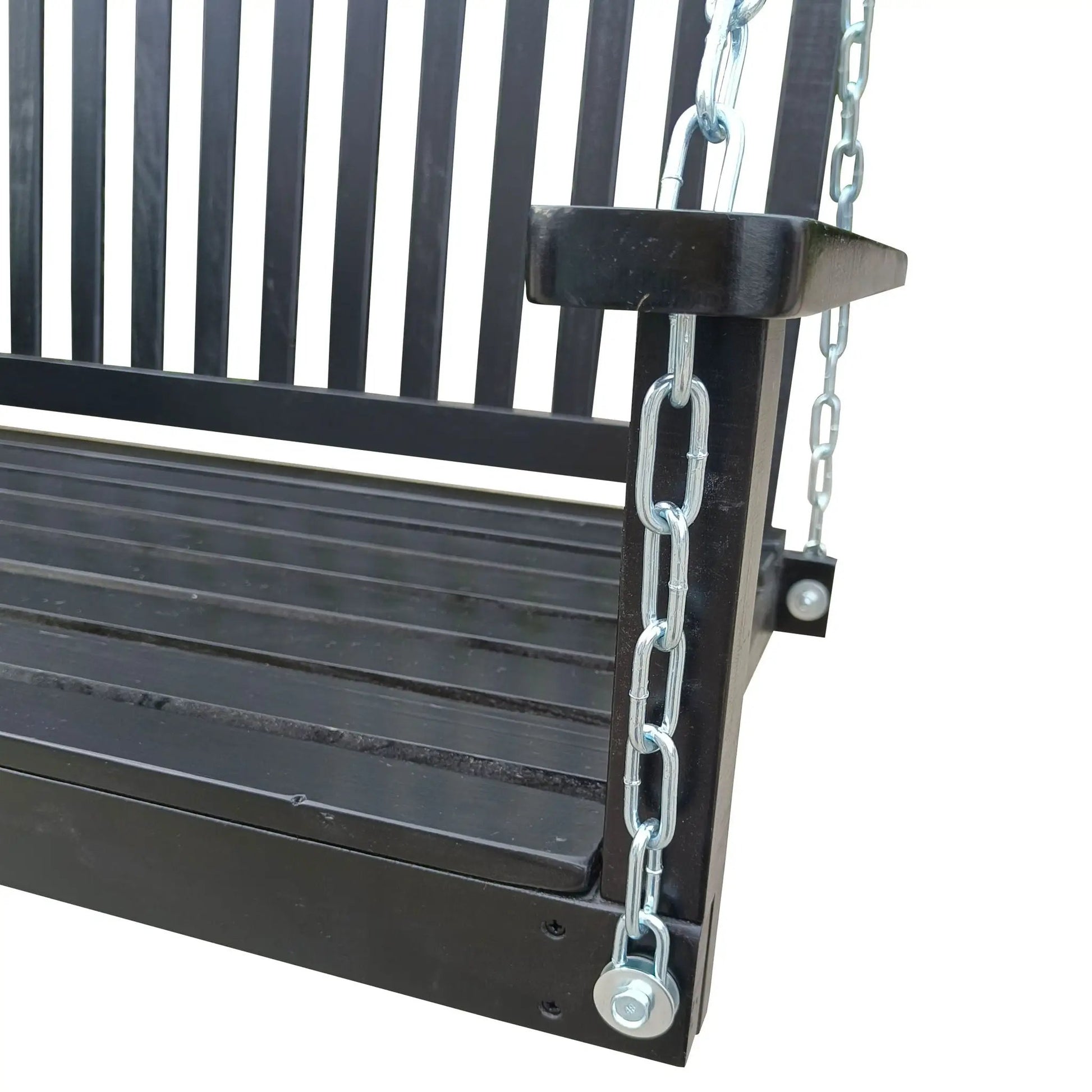 Front porch swing with armrests in black wood and metal chain by Unique Piece Furniture on Tampa Home & Garden Store