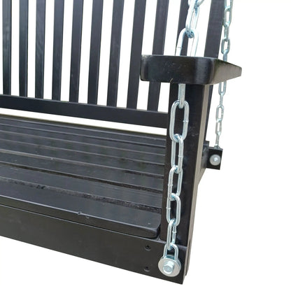 Front porch swing with armrests in black wood and metal chain by Unique Piece Furniture on Tampa Home & Garden Store