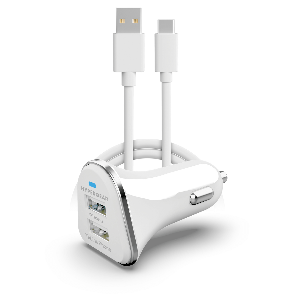 Hi-Power dual USB car charger, white plastic housing with USB-A and USB-C ports, HyperGear on Tampa Home & Garden Store