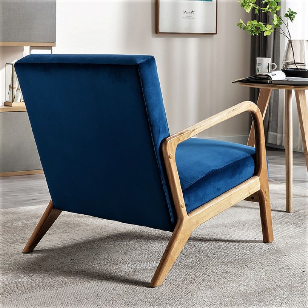 Arm chair HouseOfZazla blue velvet cushioned seat with open wooden frame mid-century modern on Tampa Home & Garden Store