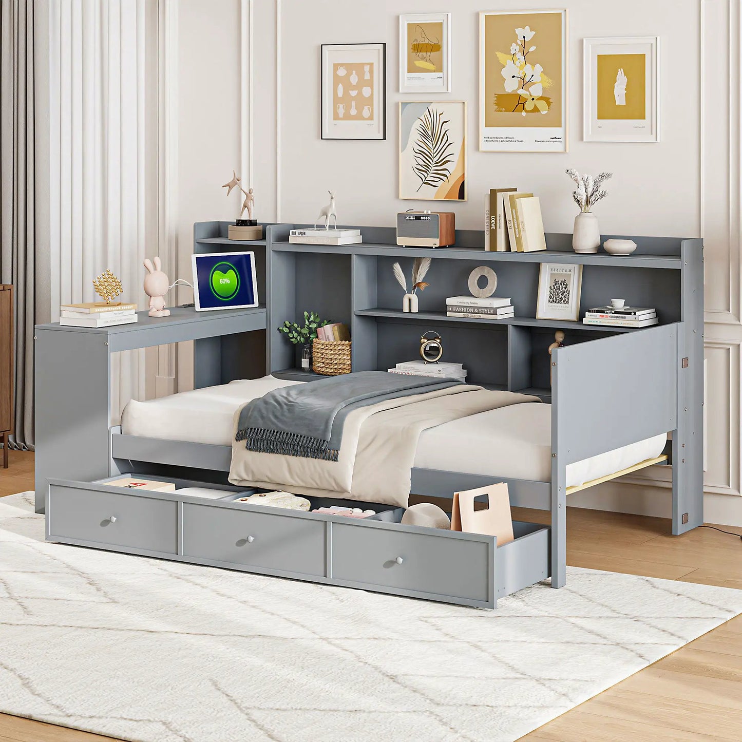 Daybed with 3 drawers USB ports and desk blue-gray finish by Unique Piece Furniture on Tampa Home & Garden Store