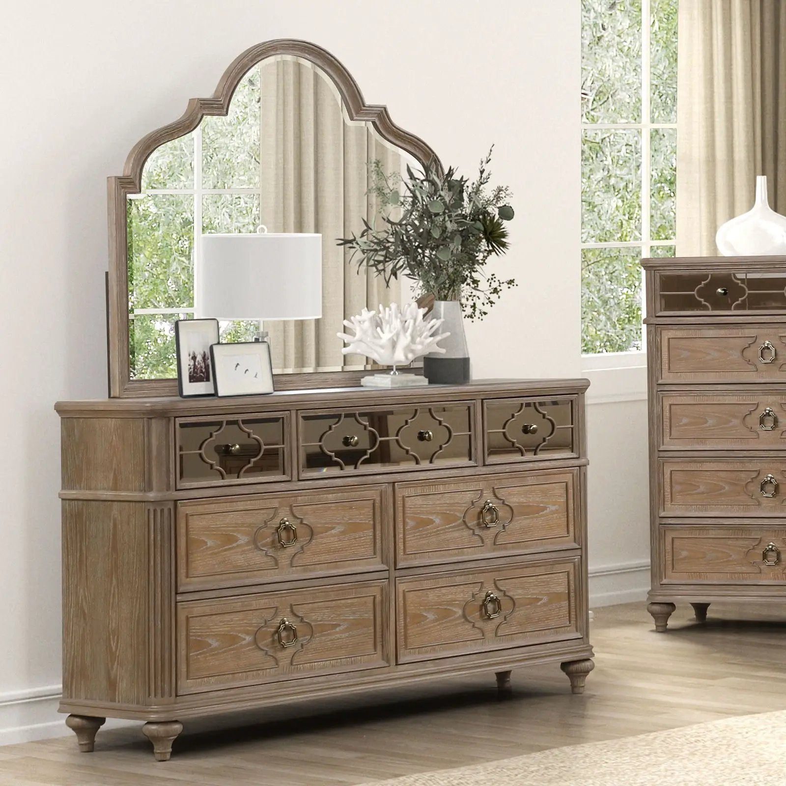Two oak rustic dressers with dovetail drawers by Unique Piece Furniture in a bedroom setup on Tampa Home & Garden Store