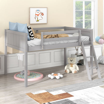Low Loft Bed With Adjustable Ladder by HouseOfZazla in grey with guard rails for a kid's room on Tampa Home & Garden Store