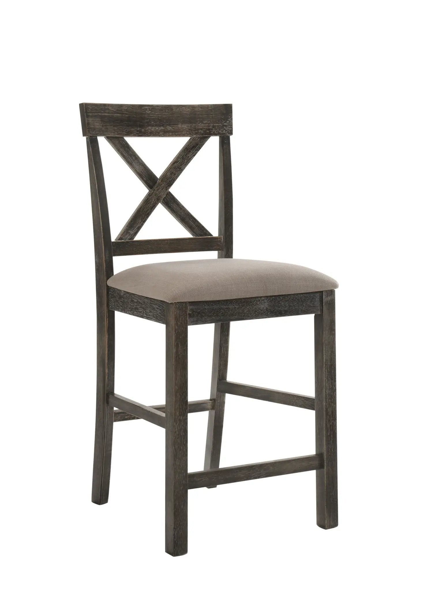 Martha II Weathered Counter Height Chair Set of 2, dark wood with gray-tan upholstered seats on Tampa Home & Garden Store