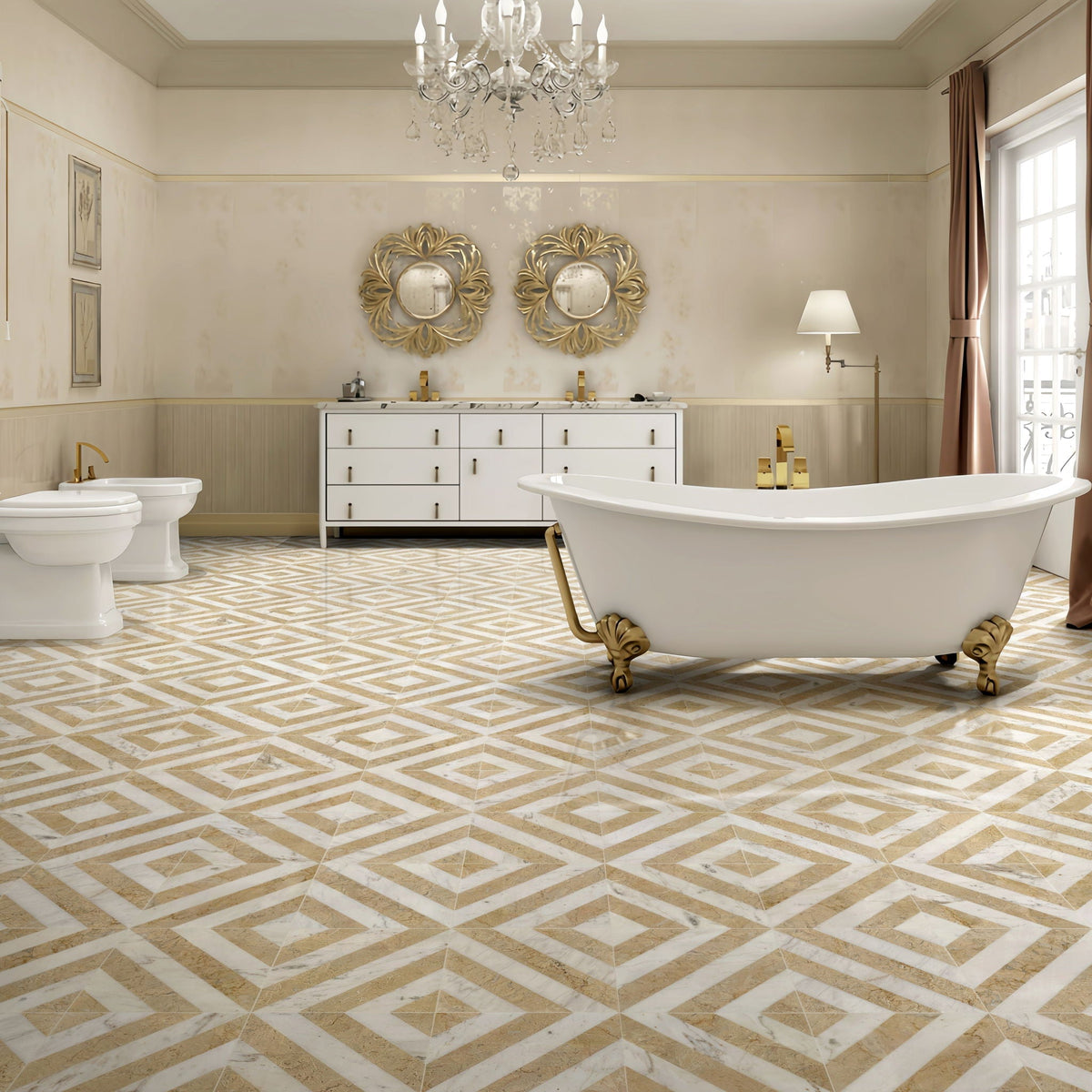 Marble tile floor and wall, polished finish in beige gold tones decorative tiles on Tampa Home & Garden Store