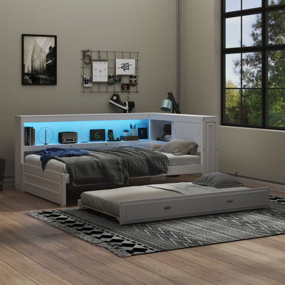 White daybed with built-in storage shelves, blue LED-lit display, and pull-out trundle on Tampa Home & Garden Store