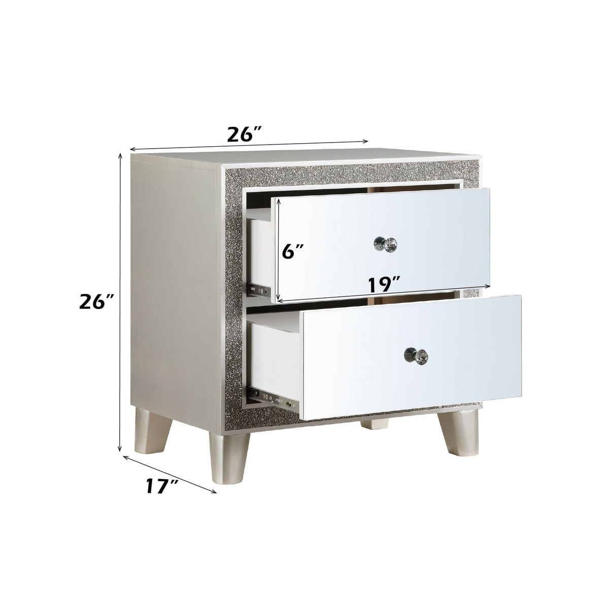 Sliverfluff Mirrored Nightstand Champagne by HouseOfZazla with glitter frame and crystal knobs on Tampa Home & Garden Store