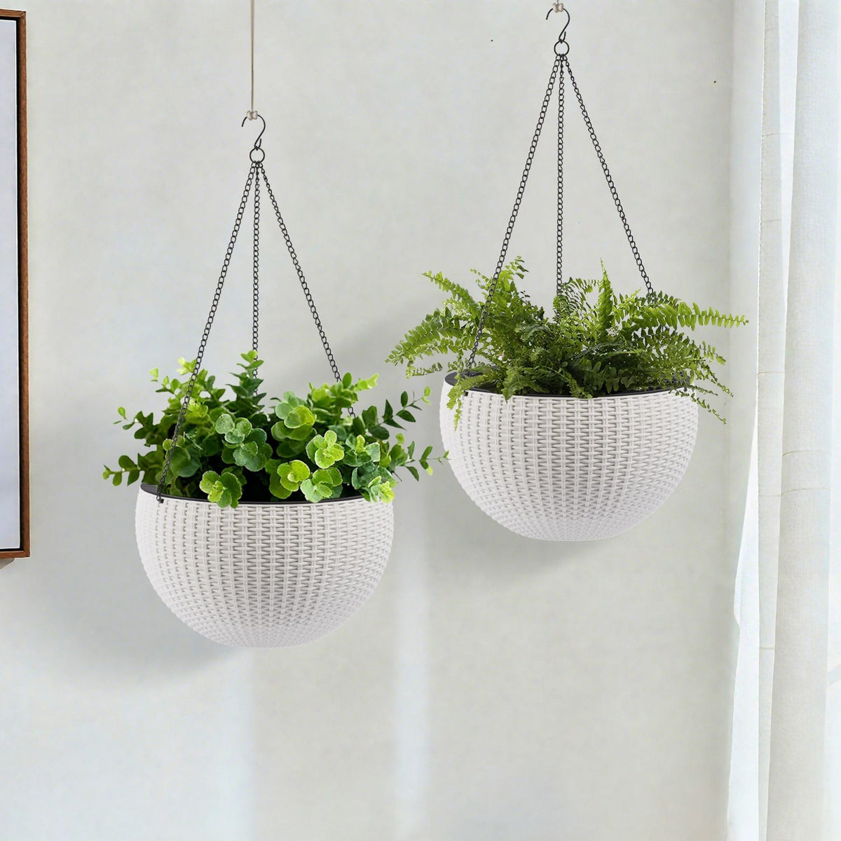 Self Watering Hanging Planter by HouseOfZazla, white wicker with metal chains, two planters on Tampa Home & Garden Store