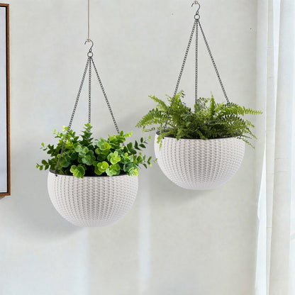 Self Watering Hanging Planter by HouseOfZazla, white wicker with metal chains, two planters on Tampa Home & Garden Store