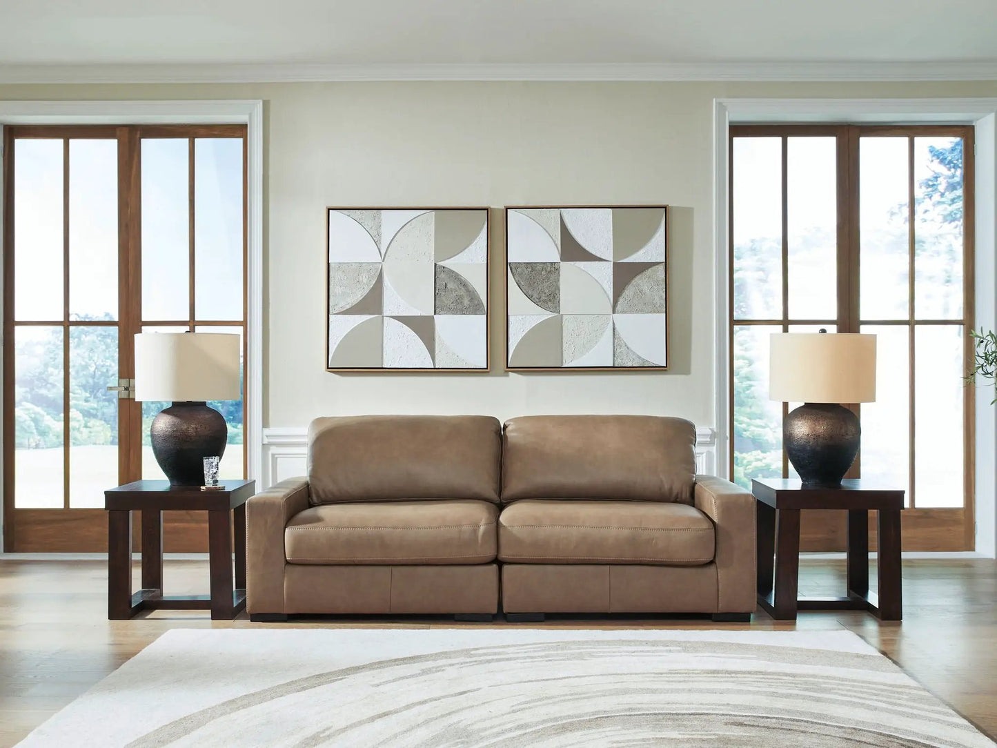 Veronella Sectional by Unique Piece Furniture, taupe leather sofa with two wood side tables on Tampa Home & Garden Store