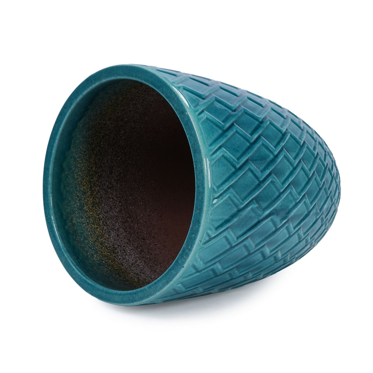 Ceramic teal flowerpot with a textured geometric pattern and rounded rim on Tampa Home & Garden Store