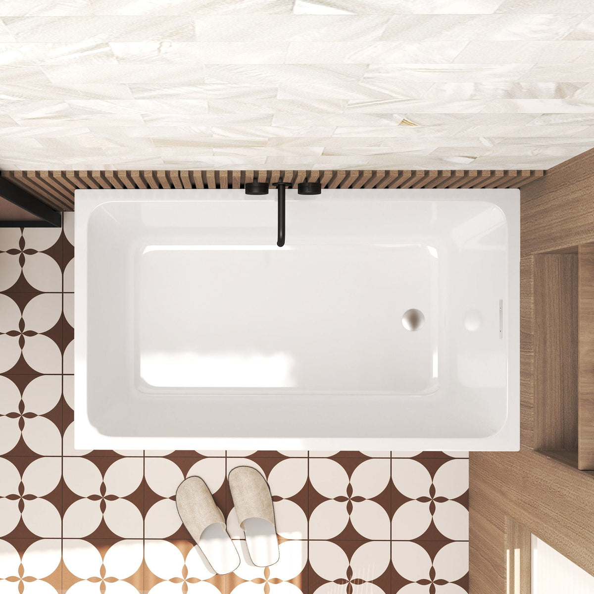 Modern glossy white freestanding acrylic bathtub with black faucet in a stylish bathroom on Tampa Home & Garden Store