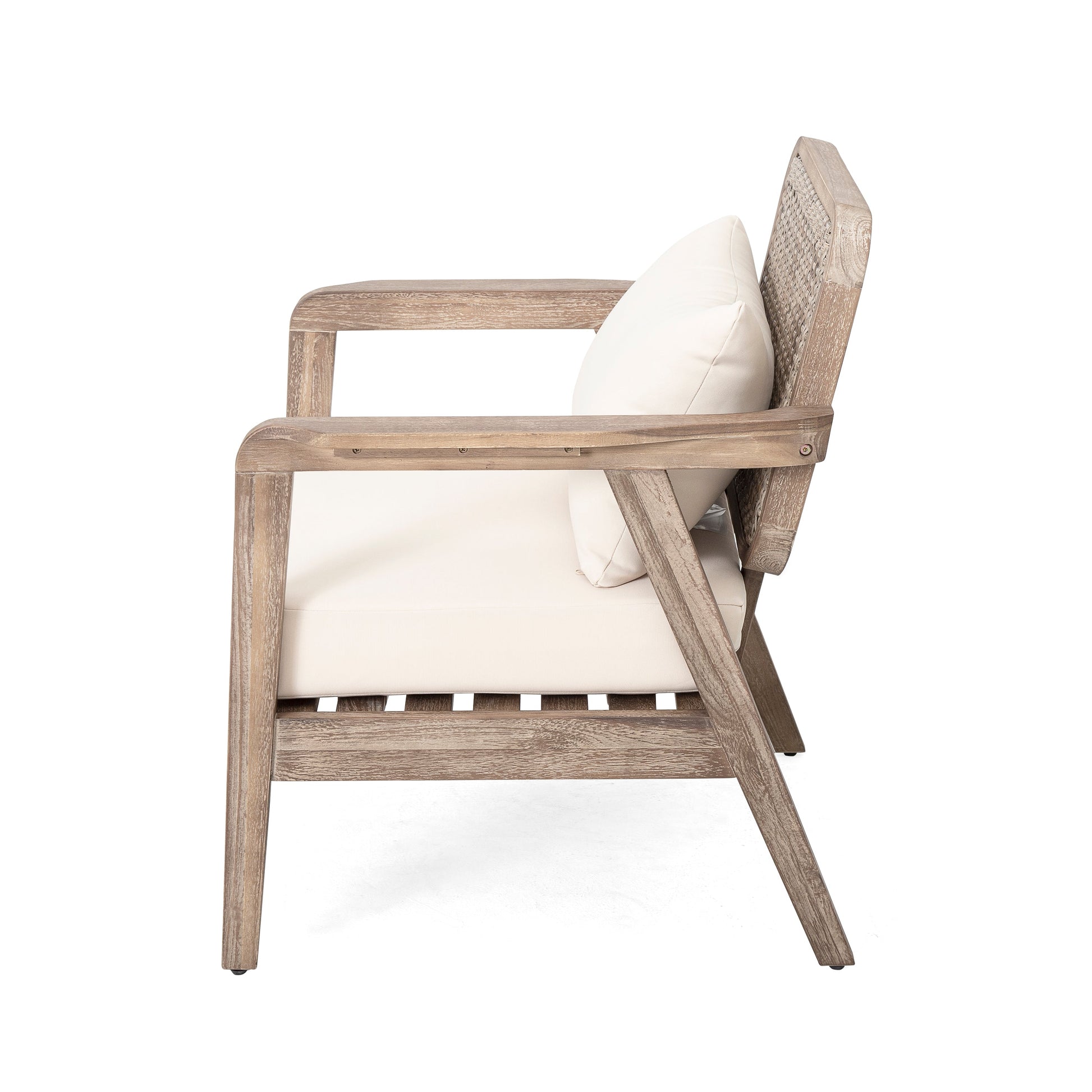 Outdoor Acacia Wood Patio Club Chair with beige cushion and woven backrest on Tampa Home & Garden Store
