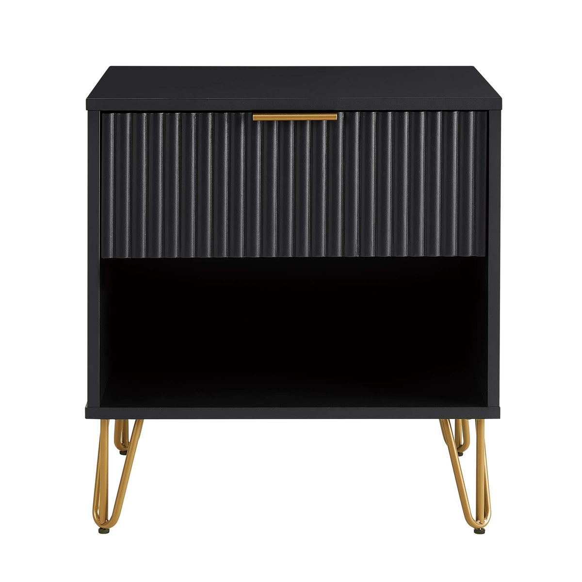 Modern nightstand with fluted drawer front in black finish and gold metal hairpin legs on Tampa Home & Garden Store