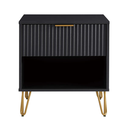 Modern nightstand with fluted drawer front in black finish and gold metal hairpin legs on Tampa Home & Garden Store