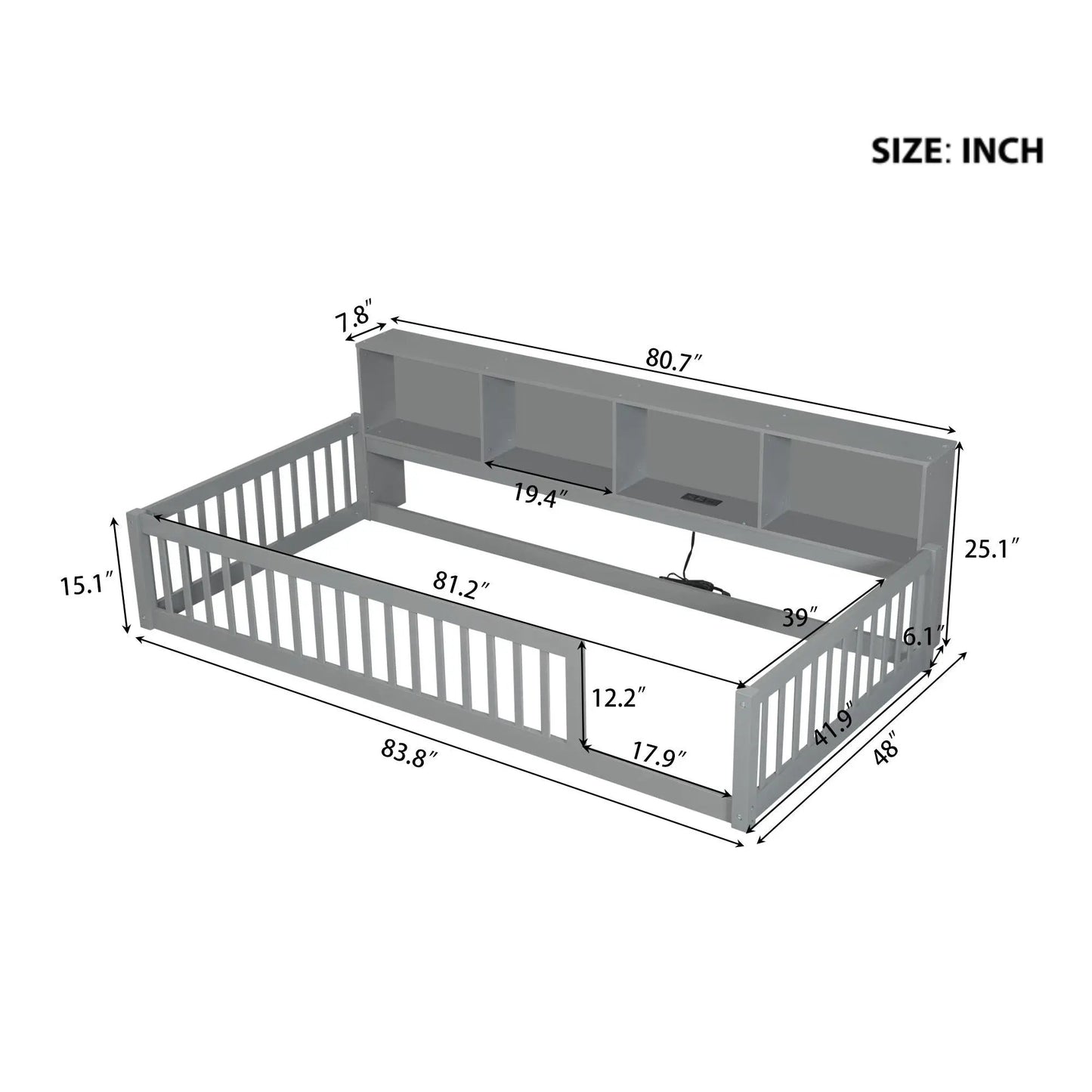 Twin Floor Bed With Storage Cabinets and USB Gray