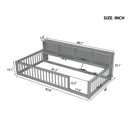 Twin Floor Bed With Storage Cabinets and USB Gray