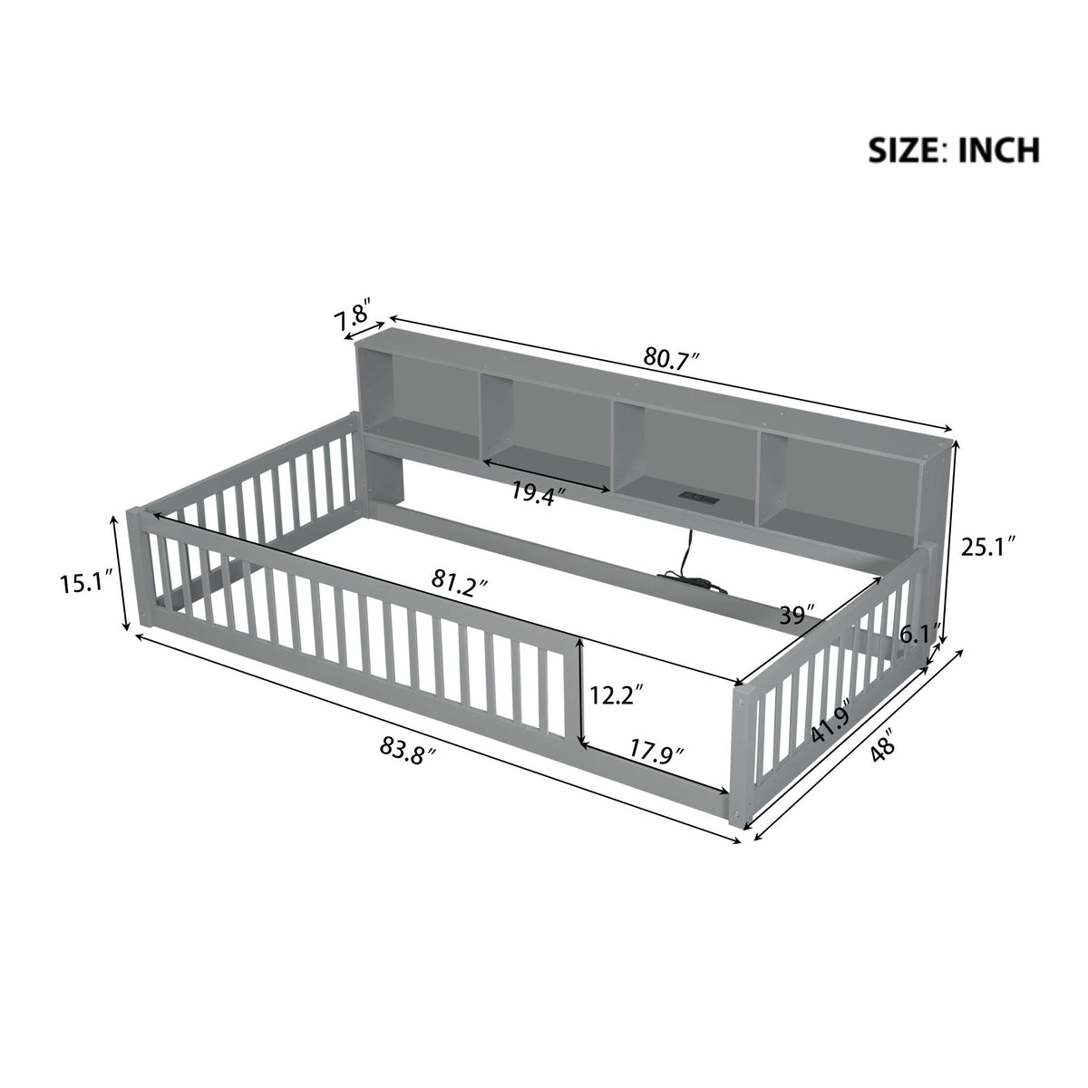 Twin long floor bed with storage cabinets and USB ports in gray by HouseOfZazla on Tampa Home & Garden Store