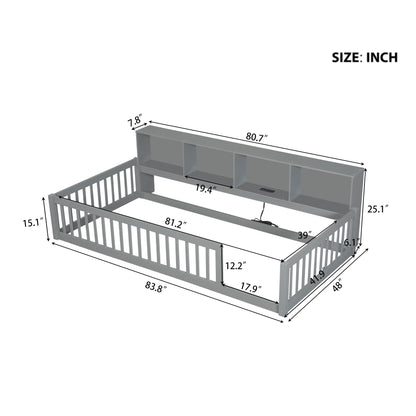 Twin long floor bed with storage cabinets and USB ports in gray by HouseOfZazla on Tampa Home & Garden Store