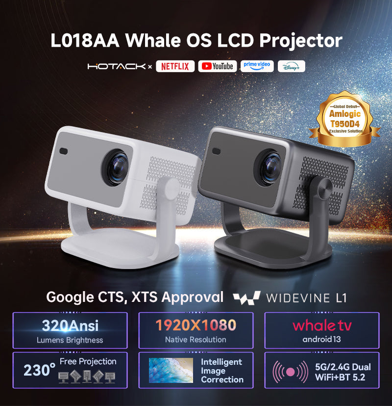 L018AA Whale OS LCD Projector white and gray dual units, 1920x1080p, Android 13, Netflix ready on Tampa Home & Garden Store