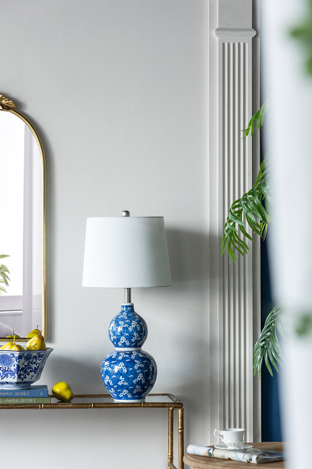 D13x25.7' Blue and White Round Two-Tiered Ceramic Vase Lamp with white shade, HouseOfZazla on Tampa Home & Garden Store