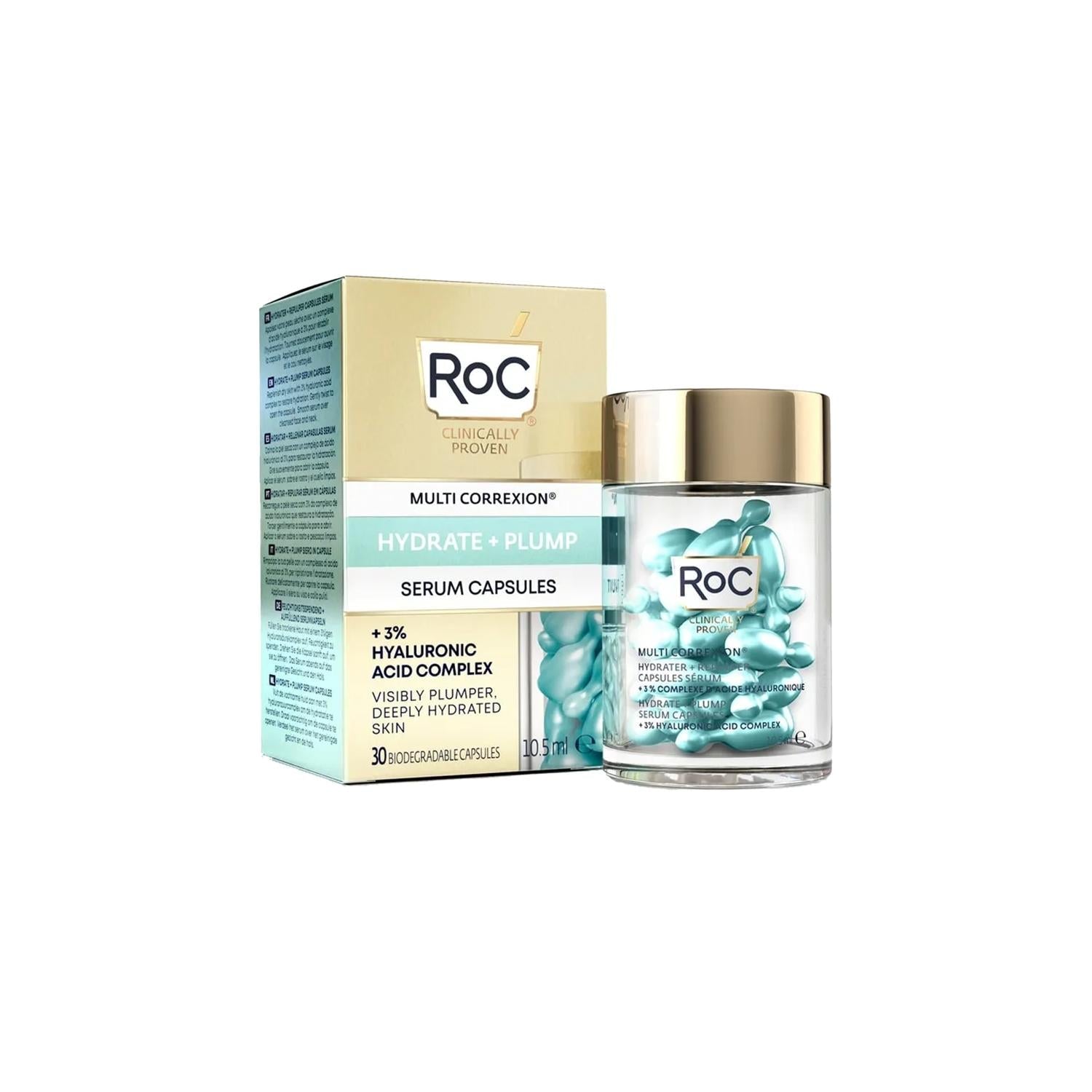 RoC Hydrate + Plump Serum Capsules face serum in glass jar with gold lid turquoise capsules on Tampa Home & Garden Store