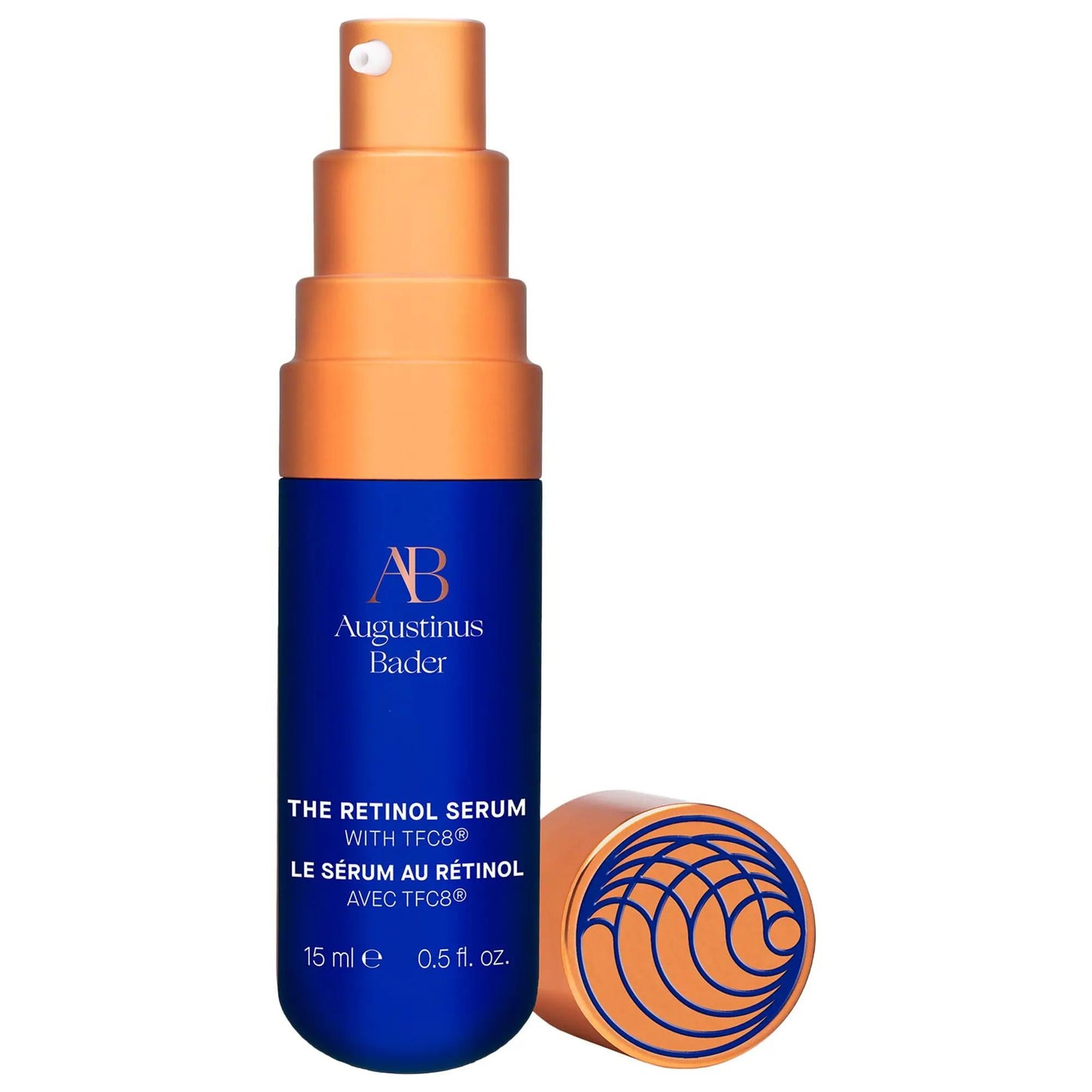 The Retinol Serum bottle with peach spray cap on blue bottle; Augustinus Bader, 15 ml on Tampa Home & Garden Store