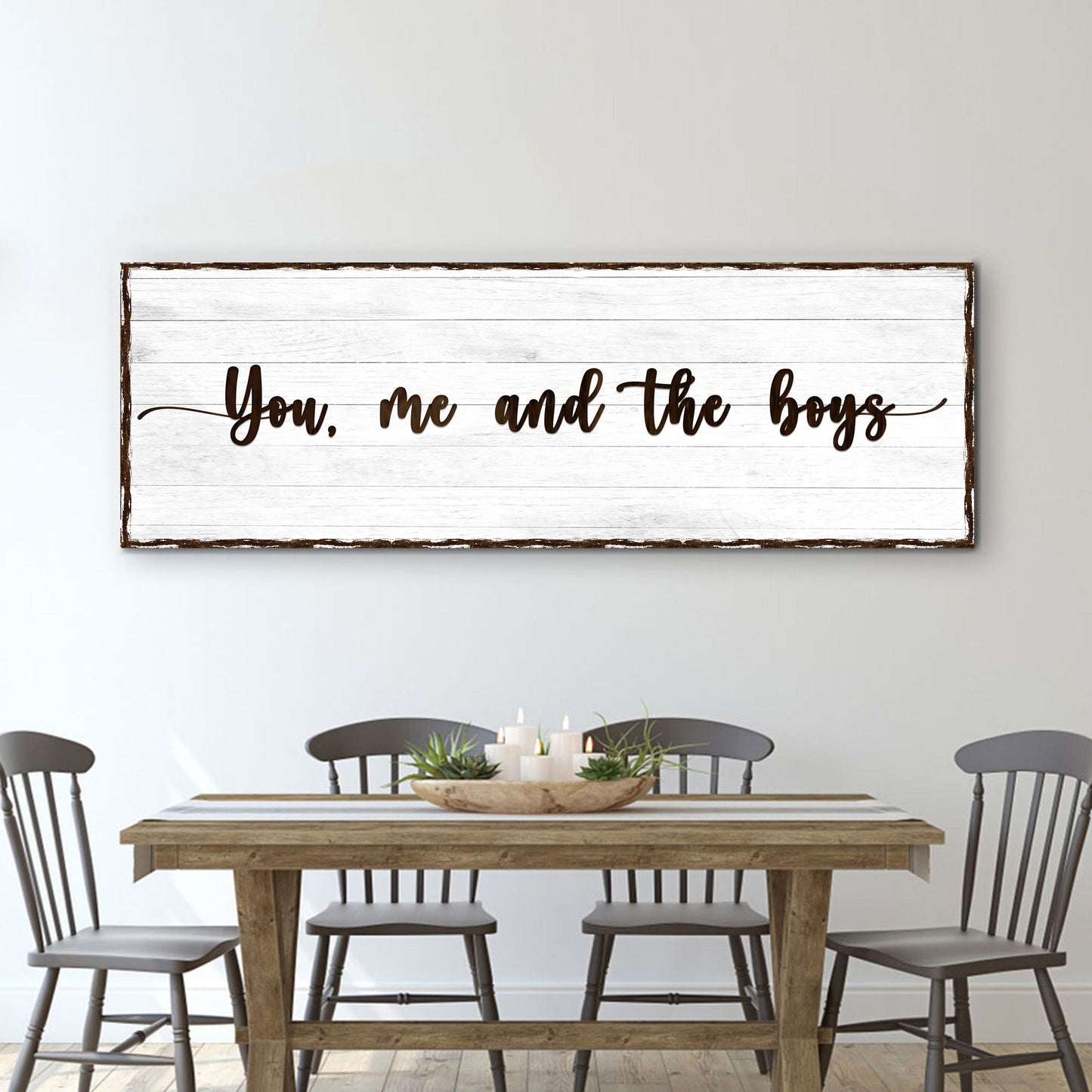 You, Me, And The Boys sign canvas with weathered planks and dark brown script Tailored Canvases on Tampa Home & Garden Store