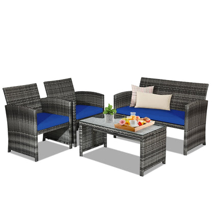 Juego de muebles de patio de ratán de 4 piezas con mesa de vidrio y sofá biplaza - Negro