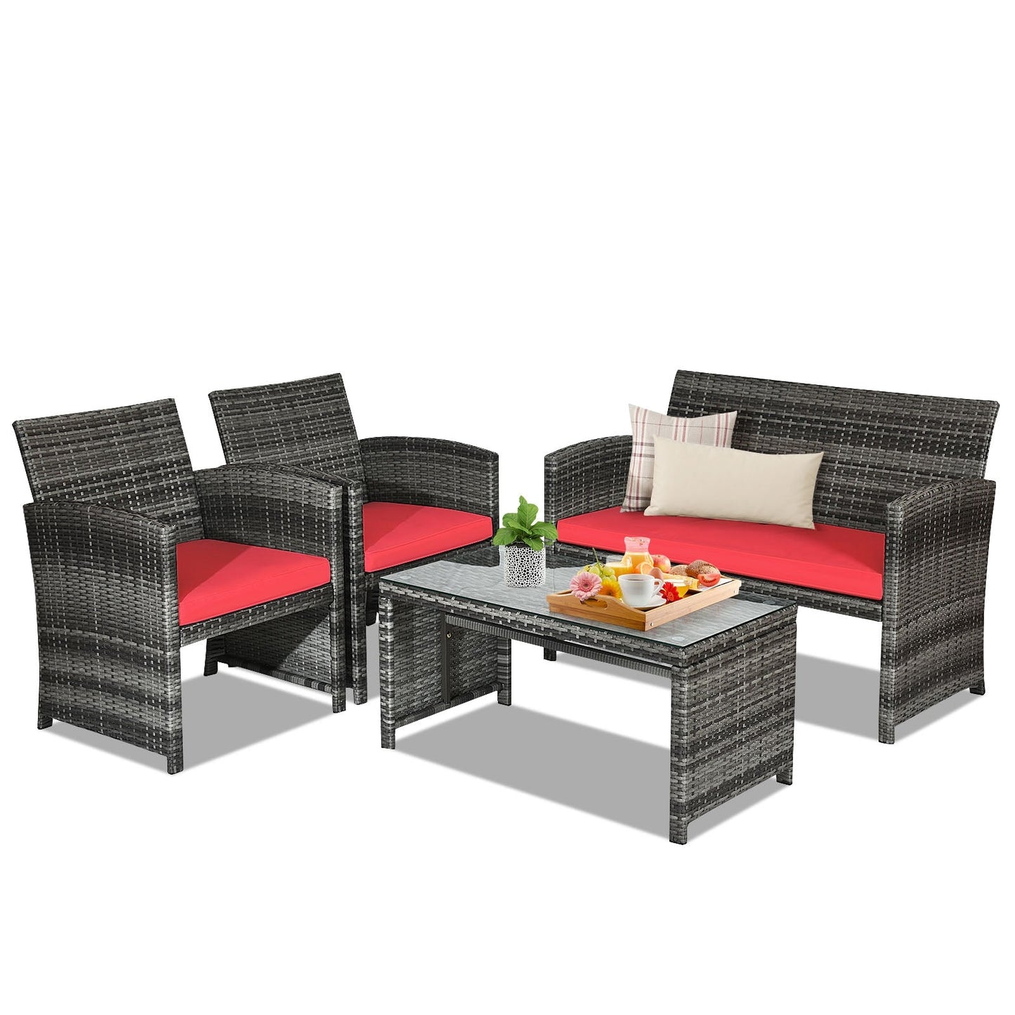 Juego de muebles de patio de ratán de 4 piezas con mesa de vidrio y sofá biplaza - Negro