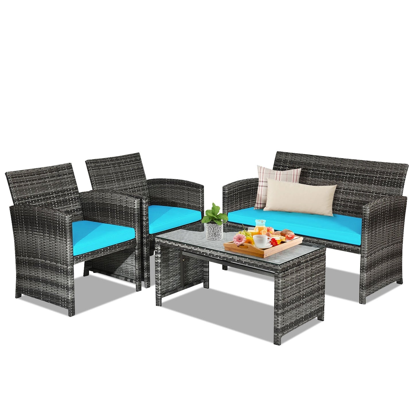 Juego de muebles de patio de ratán de 4 piezas con mesa de vidrio y sofá biplaza - Negro