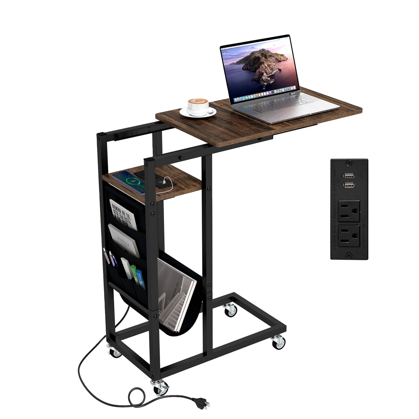 C-shaped End Table with Charging Station and Retractable Tabletop-Coffee