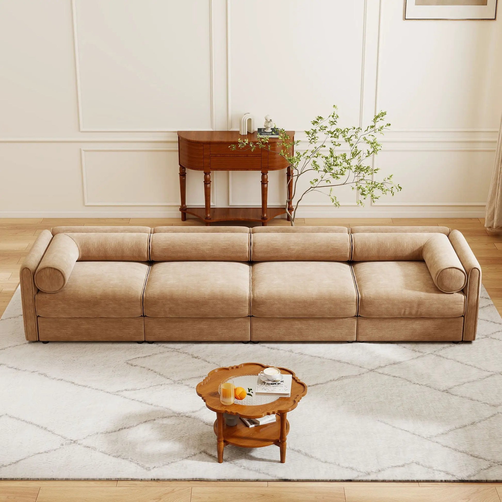 Stylish beige stationary sofa with cylindrical bolster arms by Unique Piece Furniture on Tampa Home & Garden Store