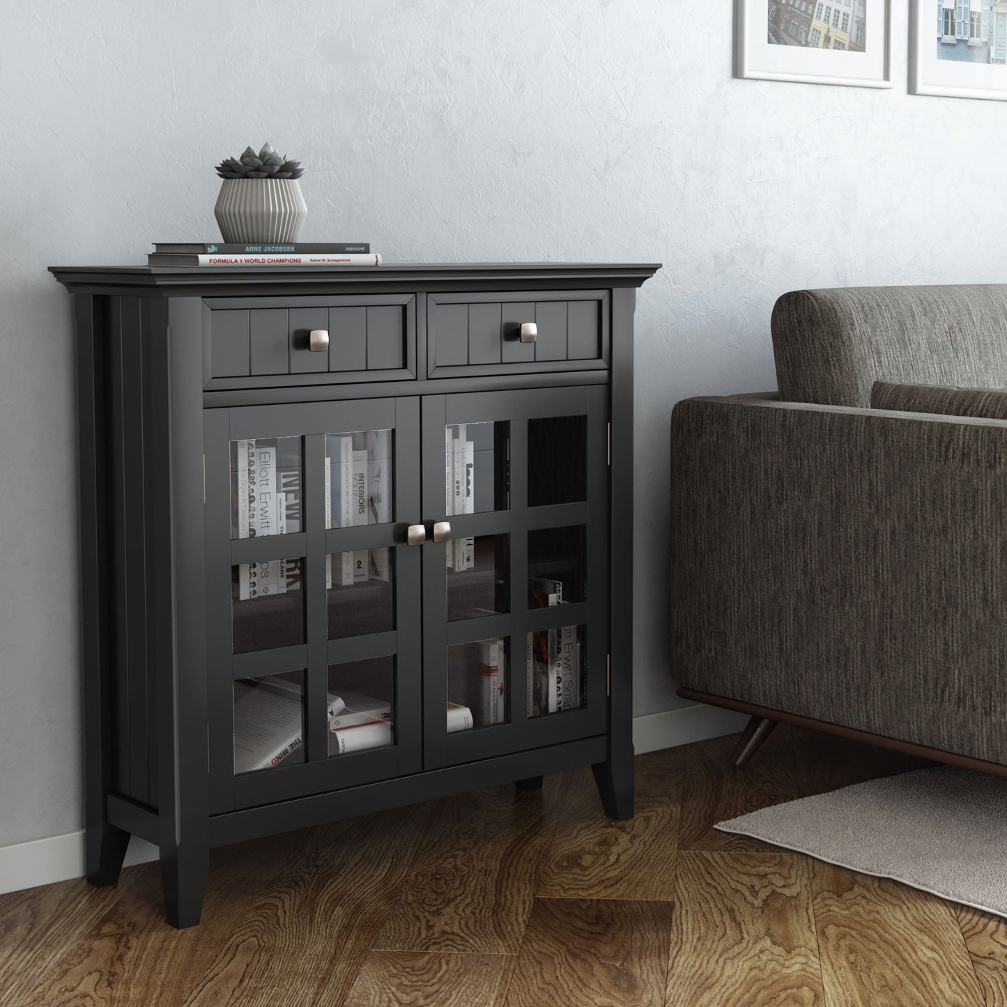 Acadian Handcrafted Entryway Cabinet in dark gray with glass doors by HouseOfZazla on Tampa Home & Garden Store