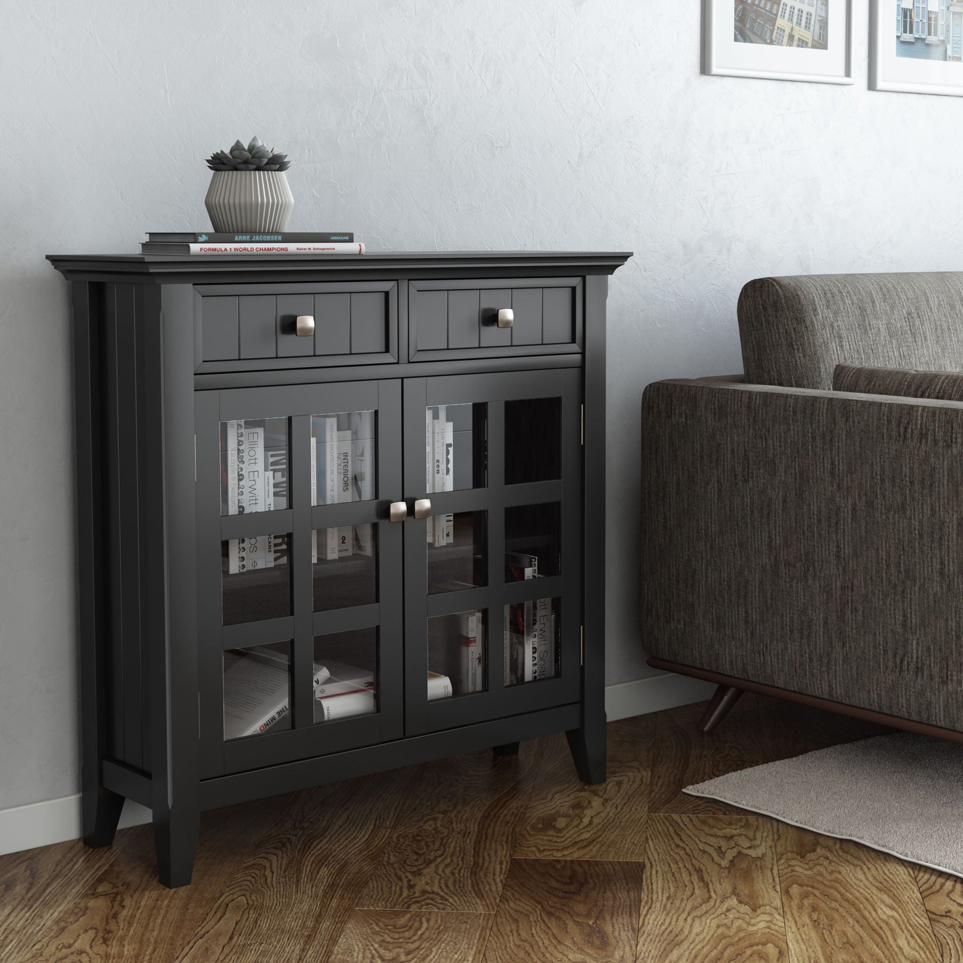 Acadian Handcrafted Entryway Cabinet in dark gray with glass doors by HouseOfZazla on Tampa Home & Garden Store
