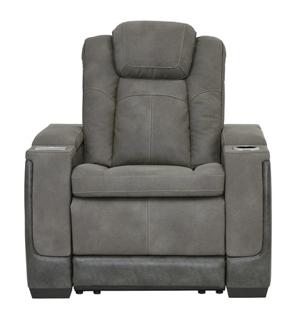 Next-Gen Durapella recliner with adjustable headrest in gray leatherette; cup holder on Tampa Home & Garden Store