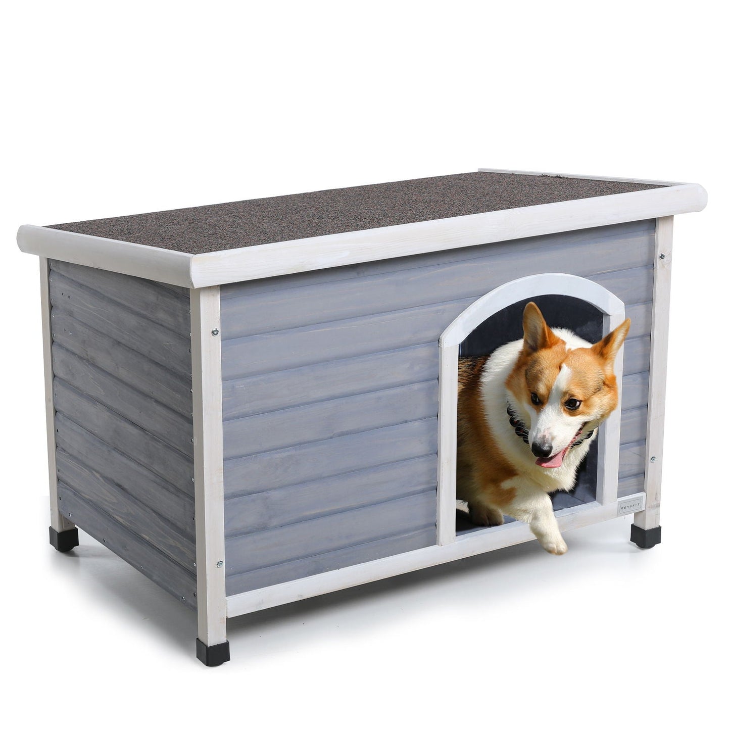 Medium wooden outdoor dog house with blue-gray siding, waterproof roof, elevated floor on Tampa Home & Garden Store