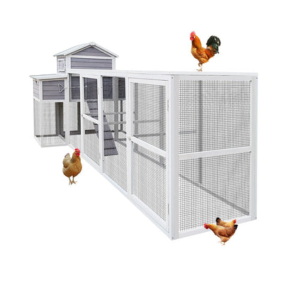 150-inch extra large wooden chicken coop with wire-mesh run and three chickens nearby on Tampa Home & Garden Store